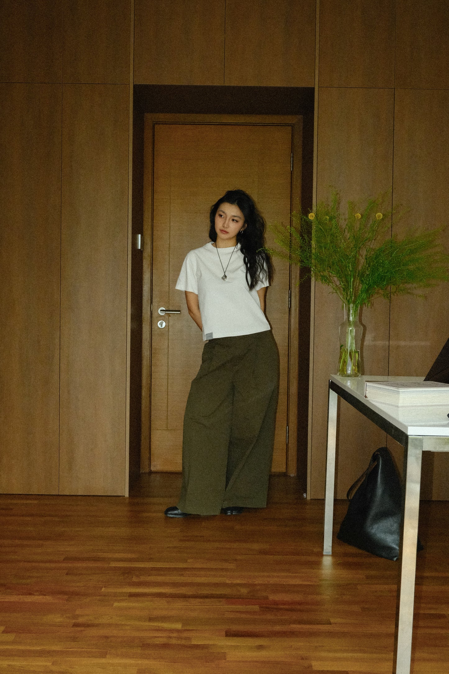 Wide Leg Cotton Pants in Olive